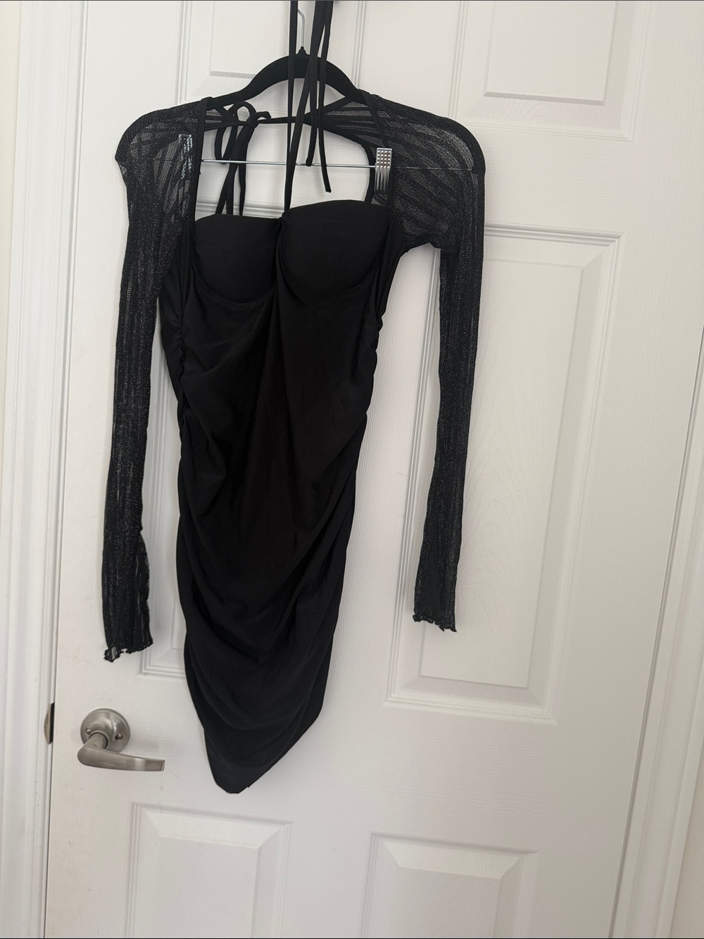 SHEIN Black Ruched Halter Bodycon Dress with Sheer Long Sleeves